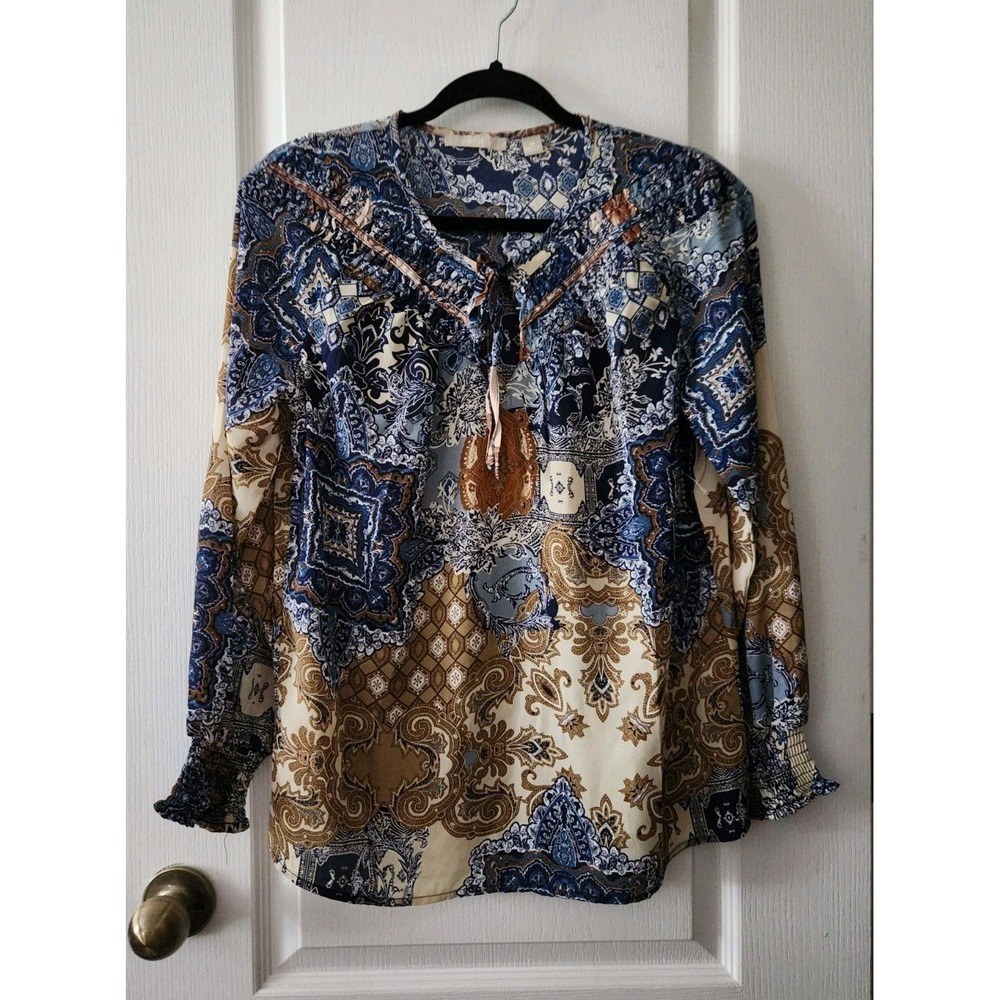 Sunny‎ Leigh Womens Boho Blouse Long Sleeve Round Neck Lightweight Blue Size M